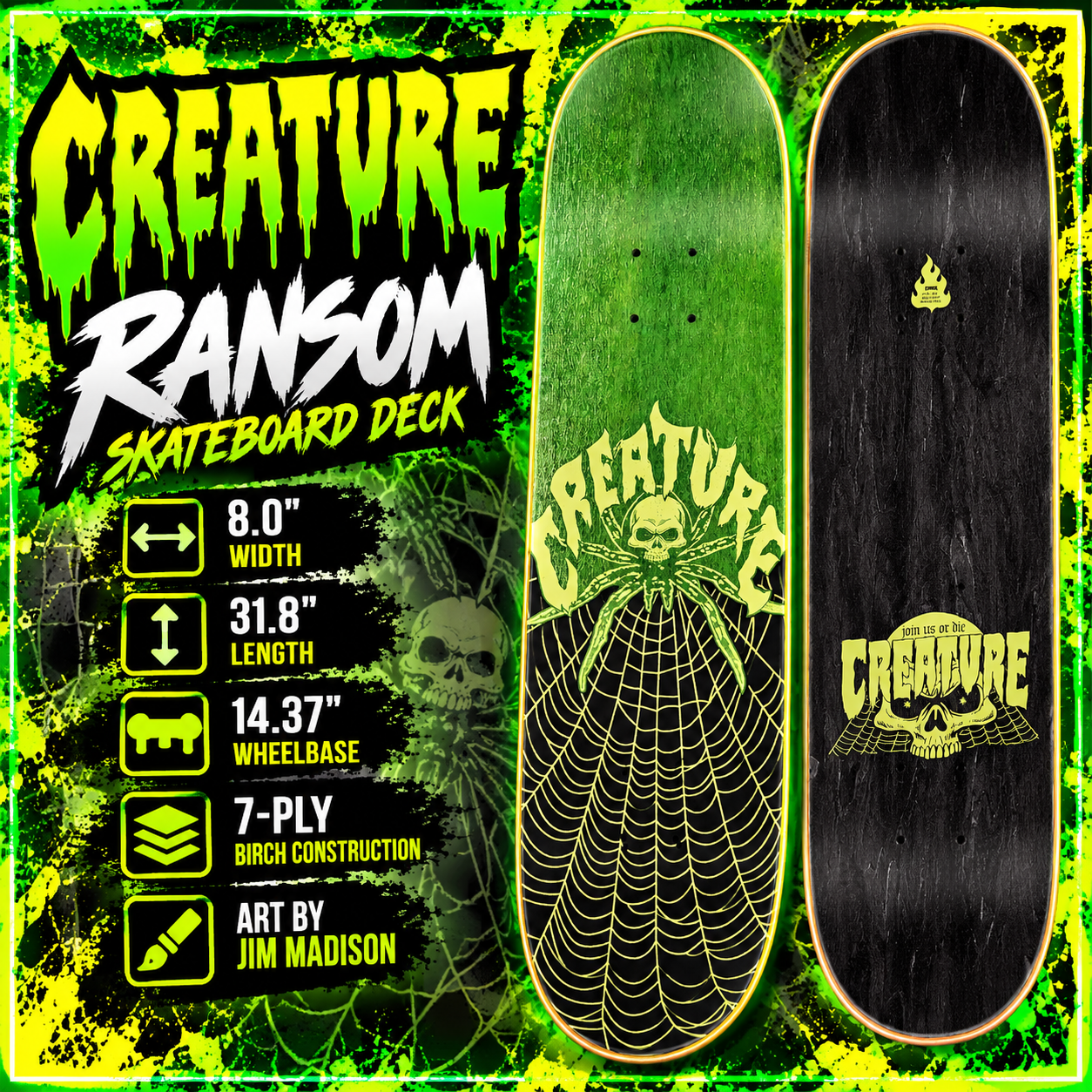 Creature Ransom 8.0 x 31.8 inch skateboard deck with green spiderweb skull artwork and black Creature underside, framed by a neon green border.