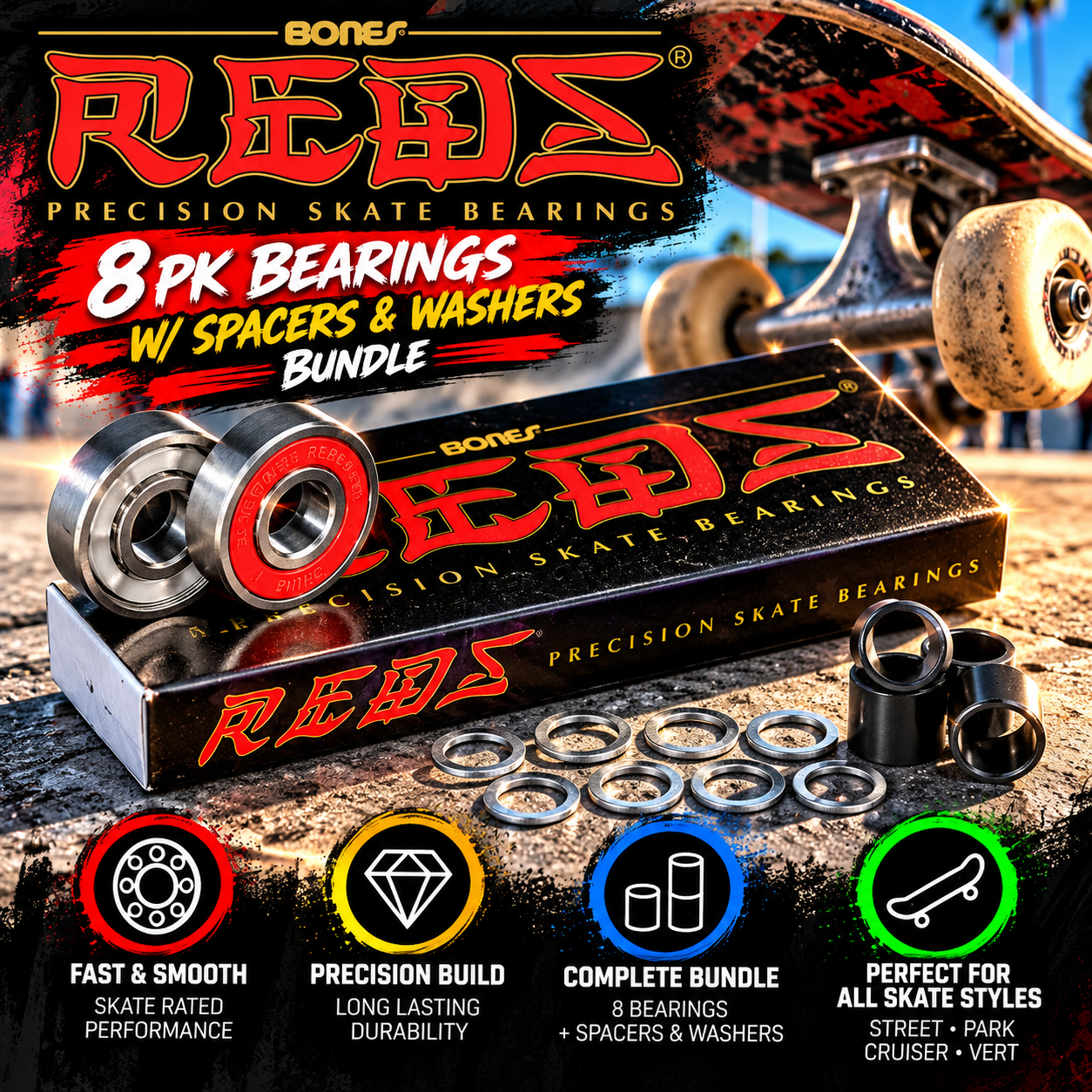 Bones Reds Bearings 8 pk w/Spacers & Washers Bundle