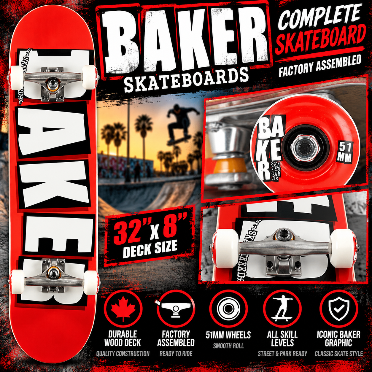 Baker Skateboards Factory Assembled Complete Logo Skateboard – Red & White, 8-Inch Deck