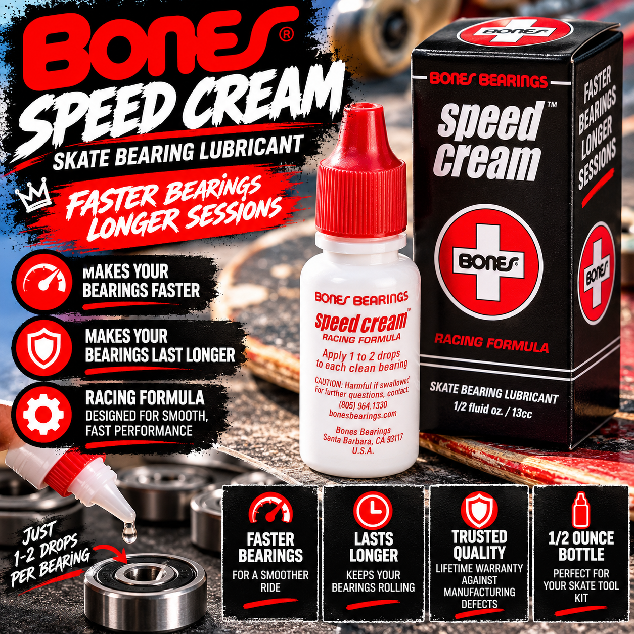 Bones Speed Cream Skate Bearing Lubricant – Racing Formula for Skateboard Bearings