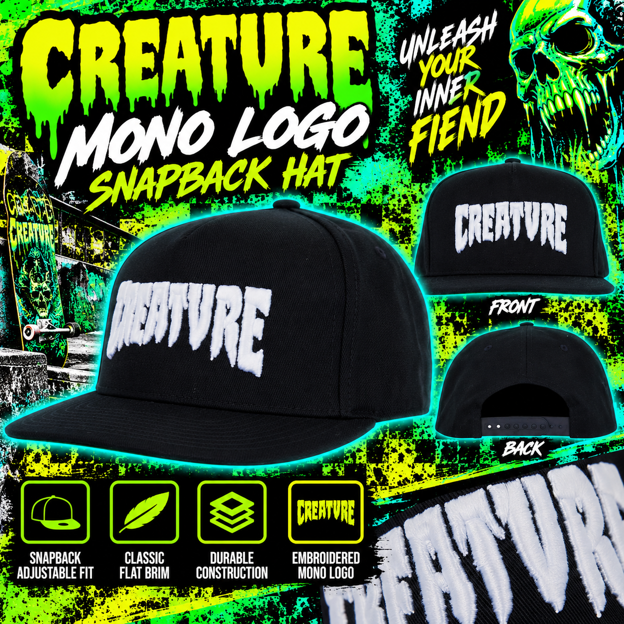 Creature Mono Logo Snapback Hat – Black & White Skateboarding Cap