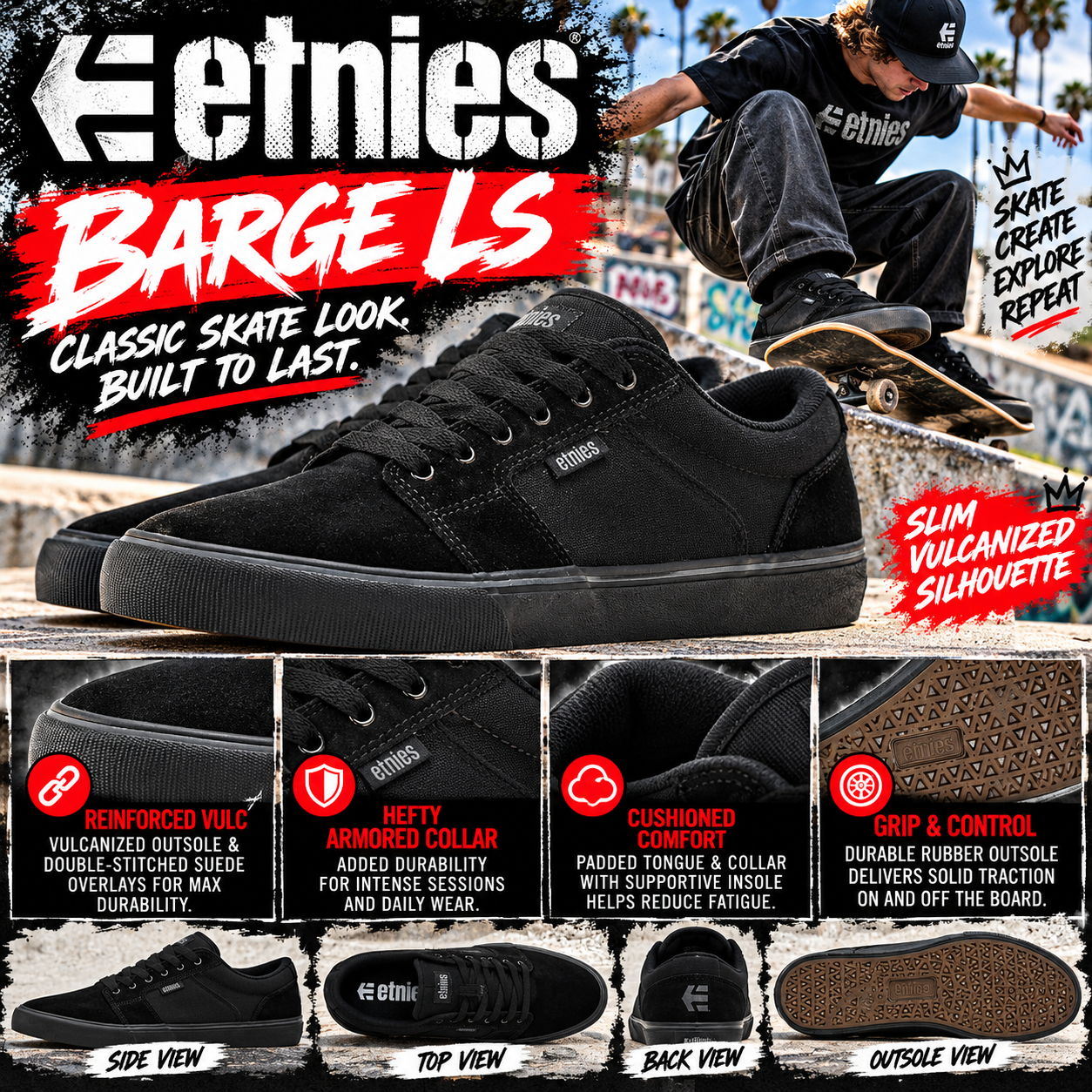 Etnies Barge LS black skate shoes featuring a slim low-profile silhouette, suede overlays, padded collar, reinforced vulcanized rubber sole, and classic skate style.