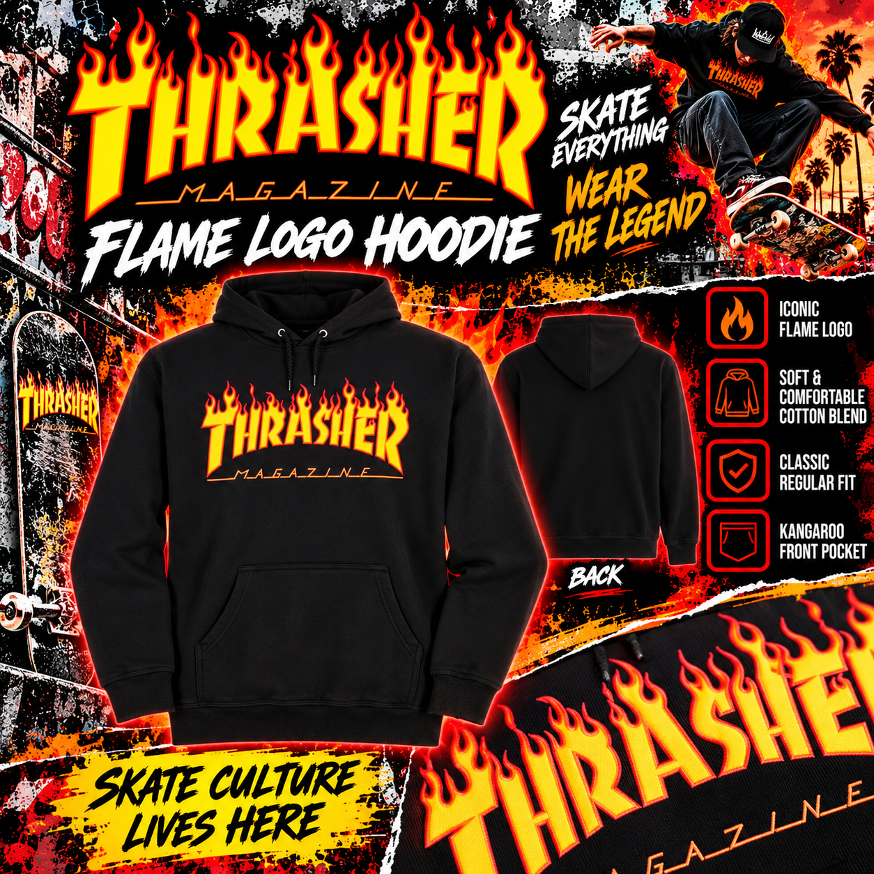 Black Thrasher Flame Logo hoodie featuring the iconic yellow and orange flaming Thrasher Magazine graphic on the chest.