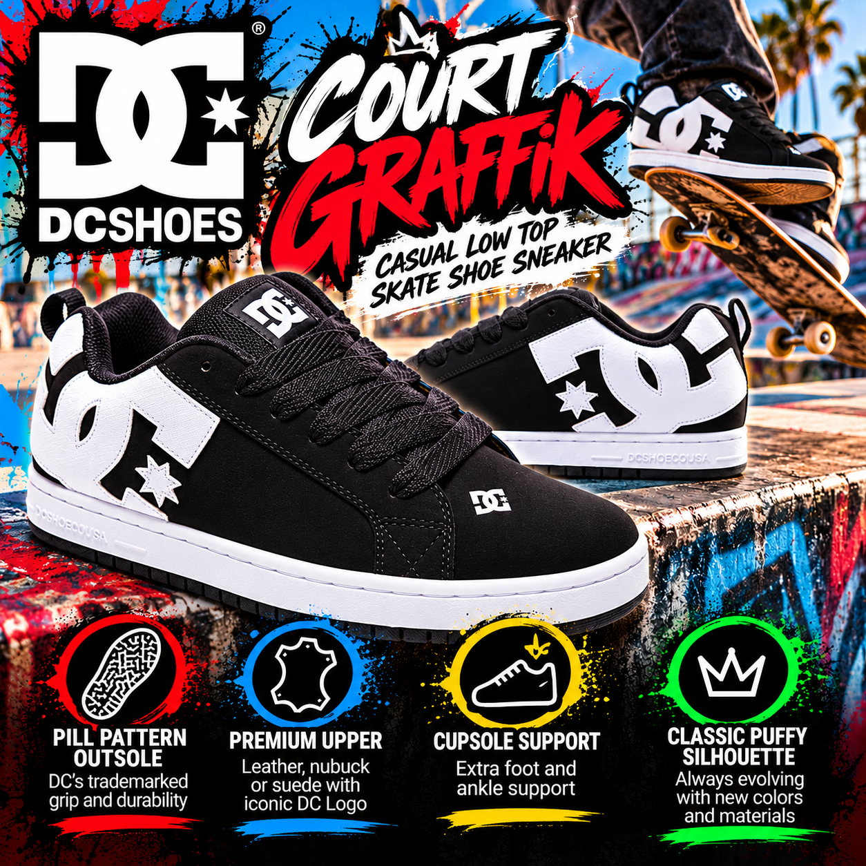 DC Shoes Men’s Court Graffik Casual Low Top Skate Shoe Sneaker