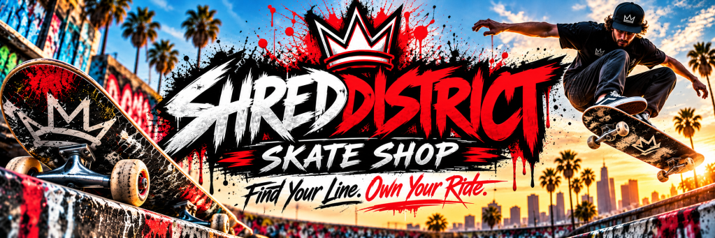 Shred District skate shop banner featuring a bold red and white graffiti logo, crown emblem, skateboard, and skater performing a trick.