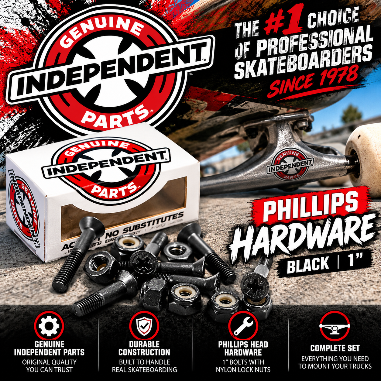 Independent Genuine Parts Phillips Skateboard Hardware – Black 1 Inch