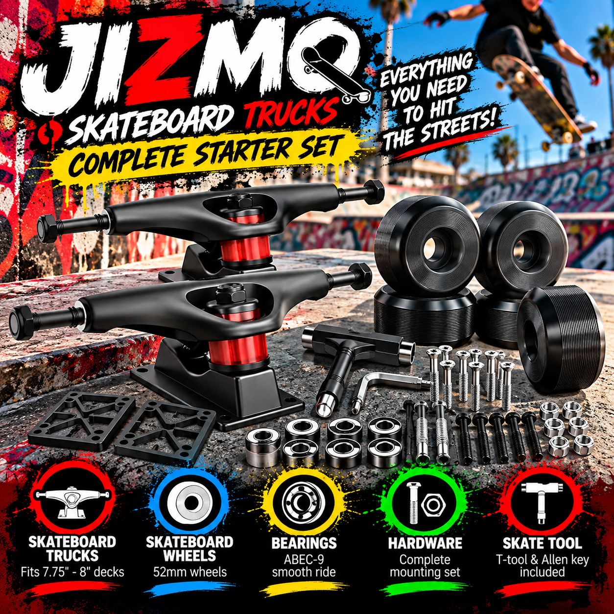Jizmo Skateboard Trucks and Wheels Starter Kit – 52mm Wheels, ABEC-9 Bearings & Skate Tool