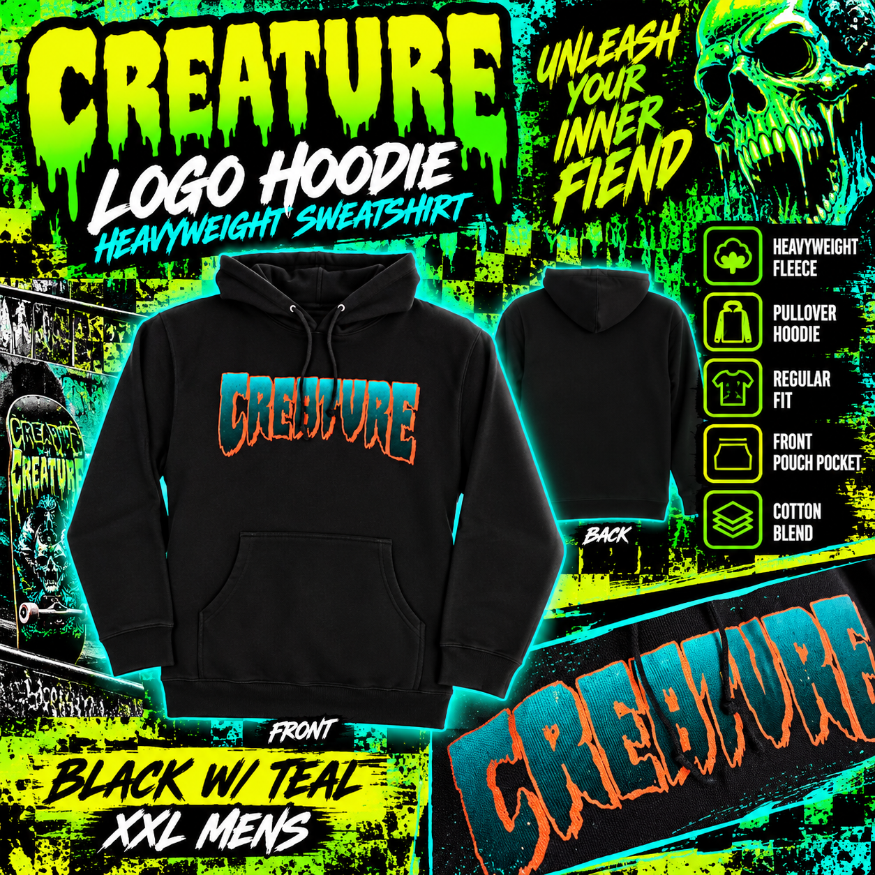 Black Creature Skateboards heavyweight pullover hoodie with teal and orange front logo, men's XXL.