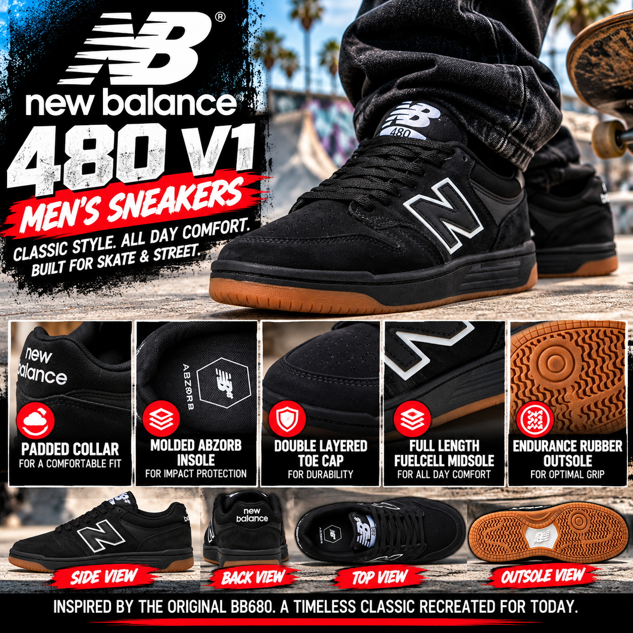 New Balance Men's 480 V1 black sneakers with white outlined logo and gum rubber outsole