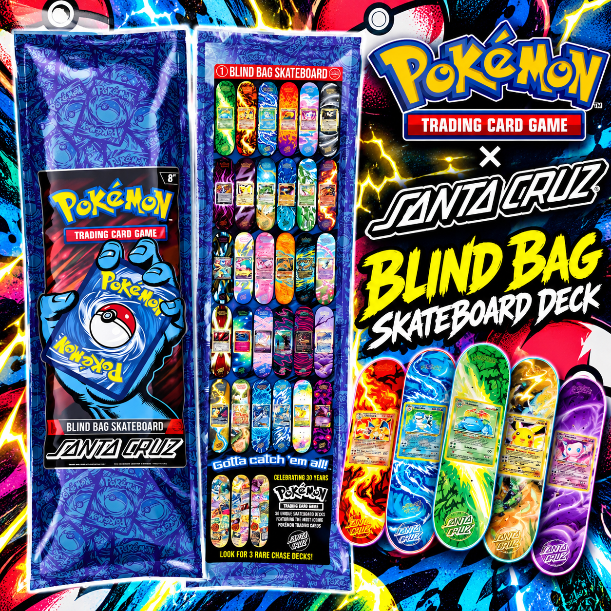 Santa Cruz x Pokémon Blind Bag Skateboard Deck featuring mystery packaging and colorful collectible skateboard designs inspired by Pokémon Trading Card Game artwork.