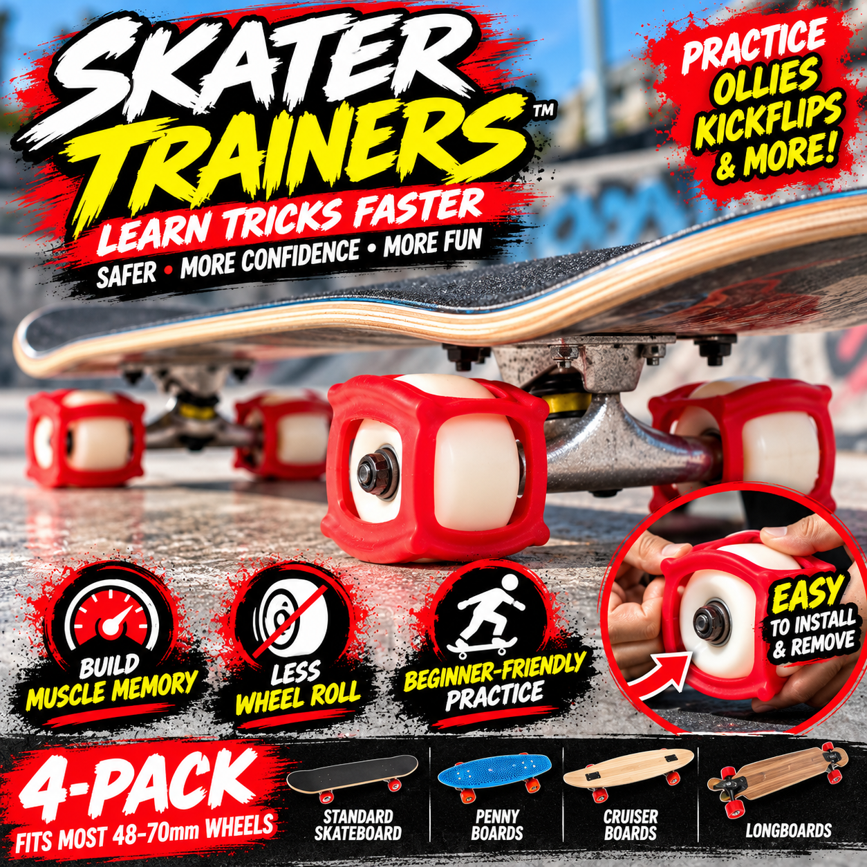 Skater Trainers Skateboard Trick Trainer Wheels – Learn Ollies and Kickflips with More Confidence