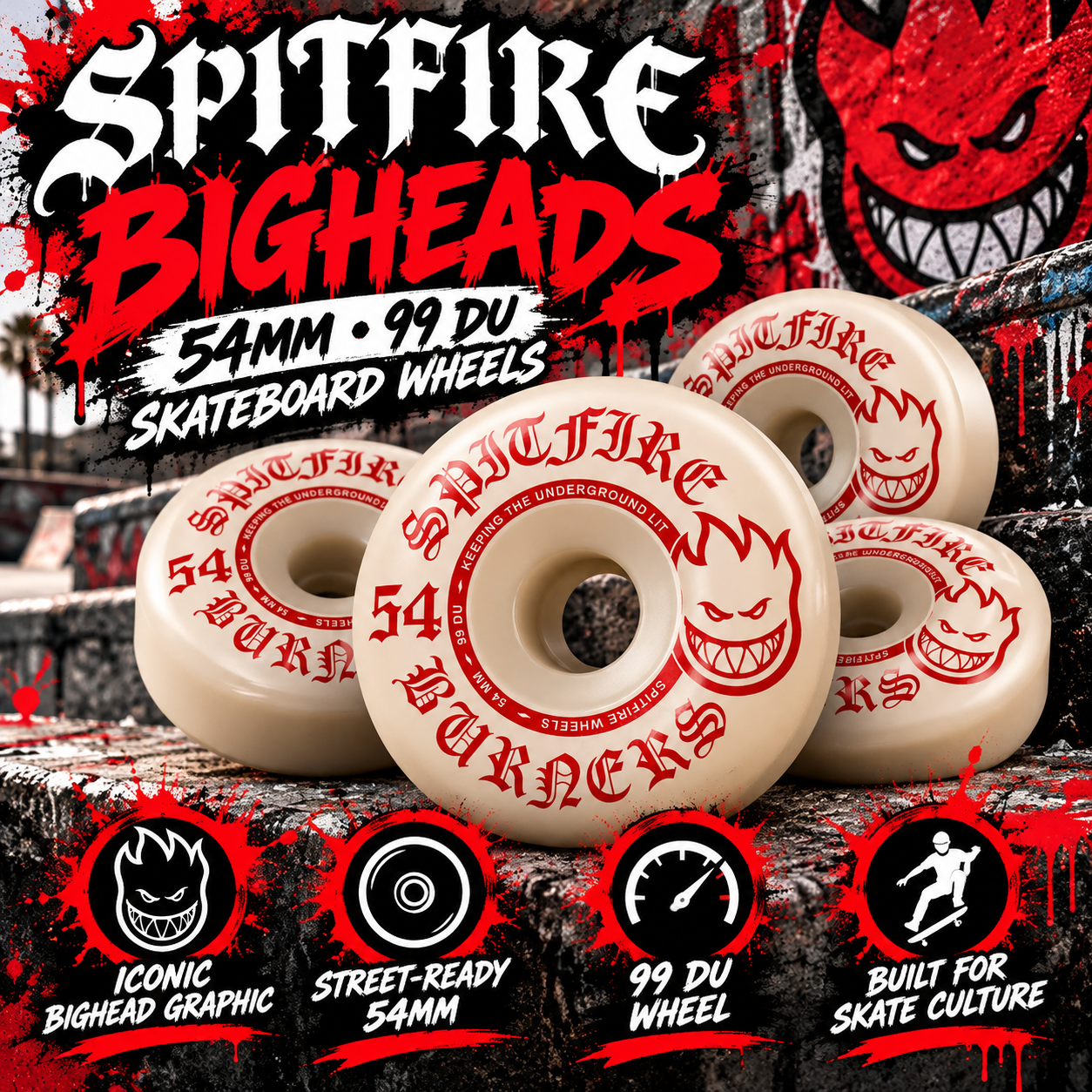 Spitfire Burners 54mm 99A skateboard wheels in white with red Bighead graphics.
